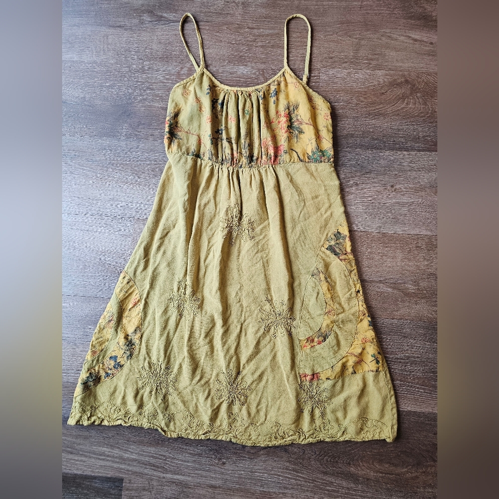 Boutique Kathmandu To You Boho Patchwork Embroidered Earthy Yellow/Green Dress